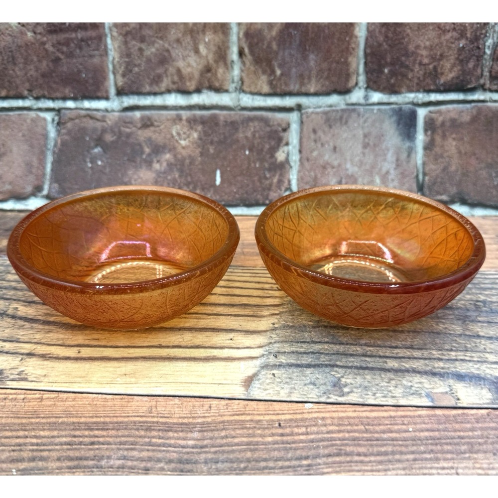 2 Jeannette Marigold Iridescent Carnival Glass Bowls Crackle Pattern Vintage MCM